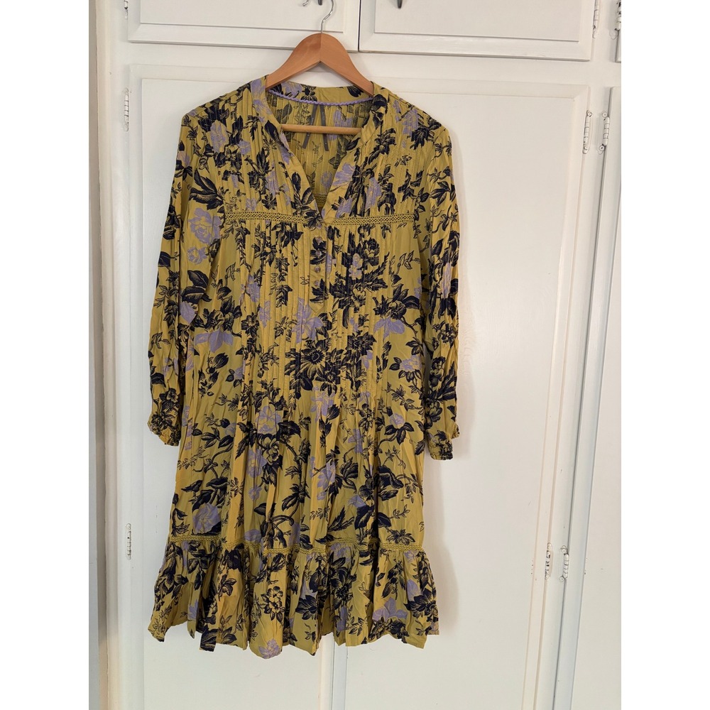 Anthropologie Peregrine Midi Dress Mustard Floral Pintuck Long Sleeve Boho S
